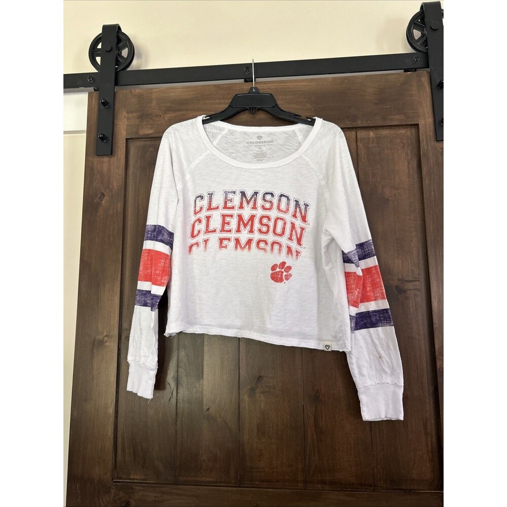 E89 Colosseum Clemson Long Sleeve White Cropped Shirt Note Sm Stains